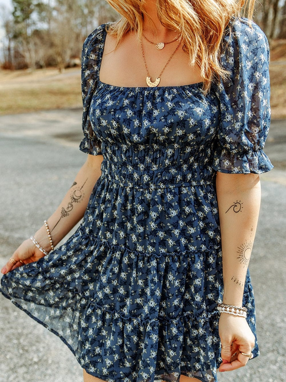 Blue Floral Print Smocked Ruffle Tiered Mini Dress