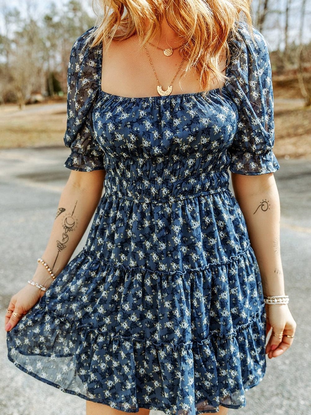Blue Floral Print Smocked Ruffle Tiered Mini Dress