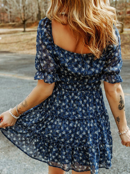 Blue Floral Print Smocked Ruffle Tiered Mini Dress