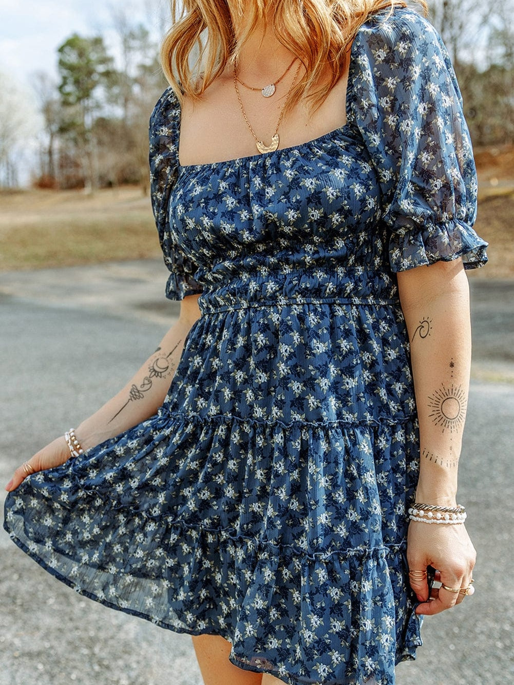 Blue Floral Print Smocked Ruffle Tiered Mini Dress