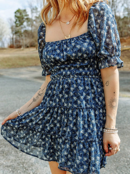 Blue Floral Print Smocked Ruffle Tiered Mini Dress