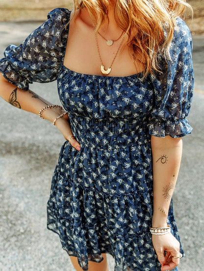 Blue Floral Print Smocked Ruffle Tiered Mini Dress
