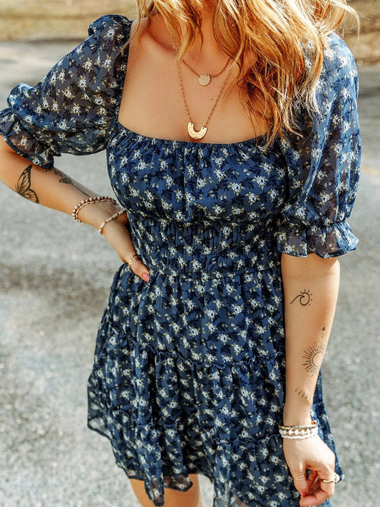 Blue Floral Print Smocked Ruffle Tiered Mini Dress