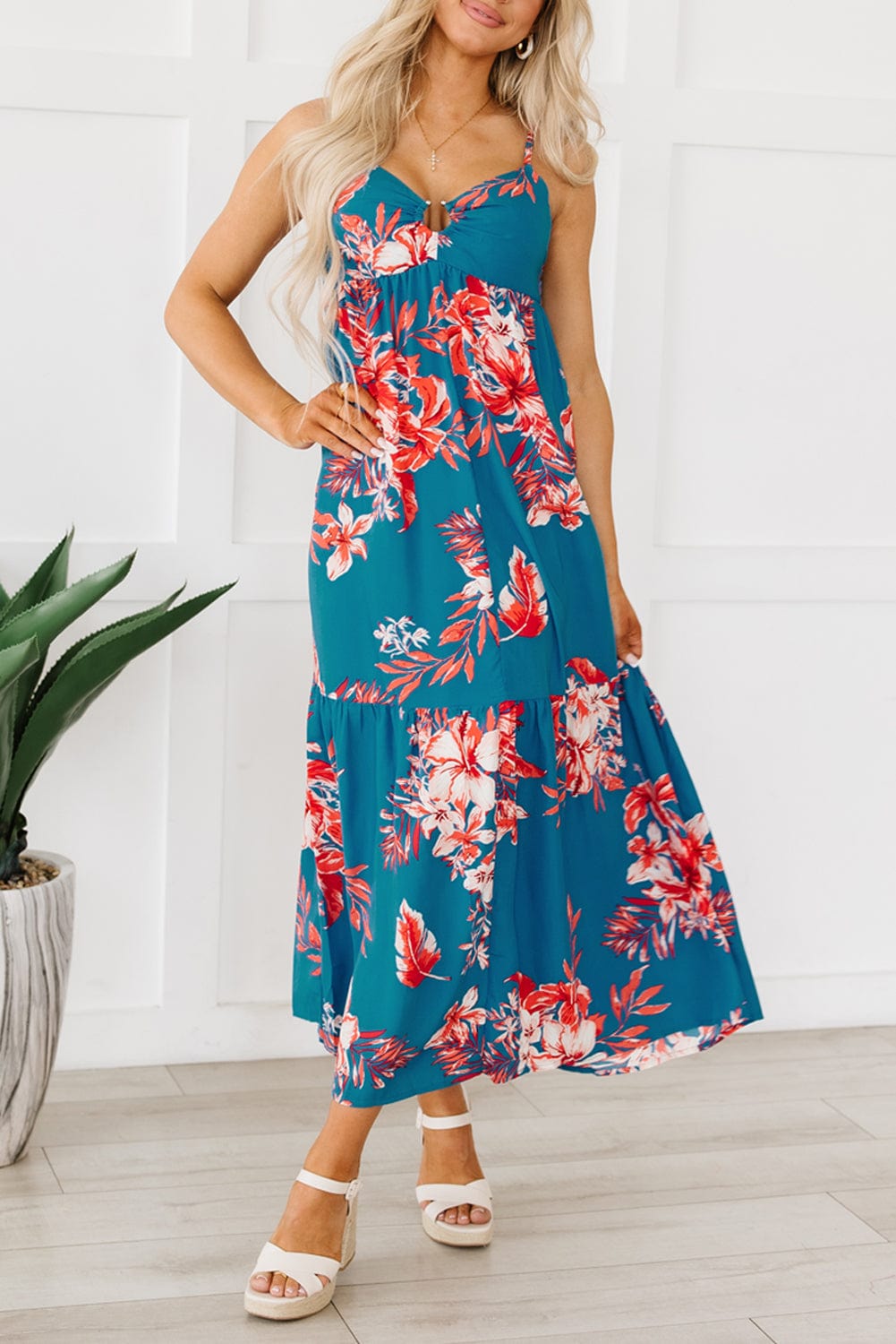 Blue Floral Print Strappy Backless Maxi Dress