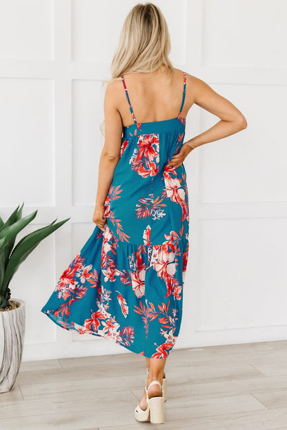 Blue Floral Print Strappy Backless Maxi Dress
