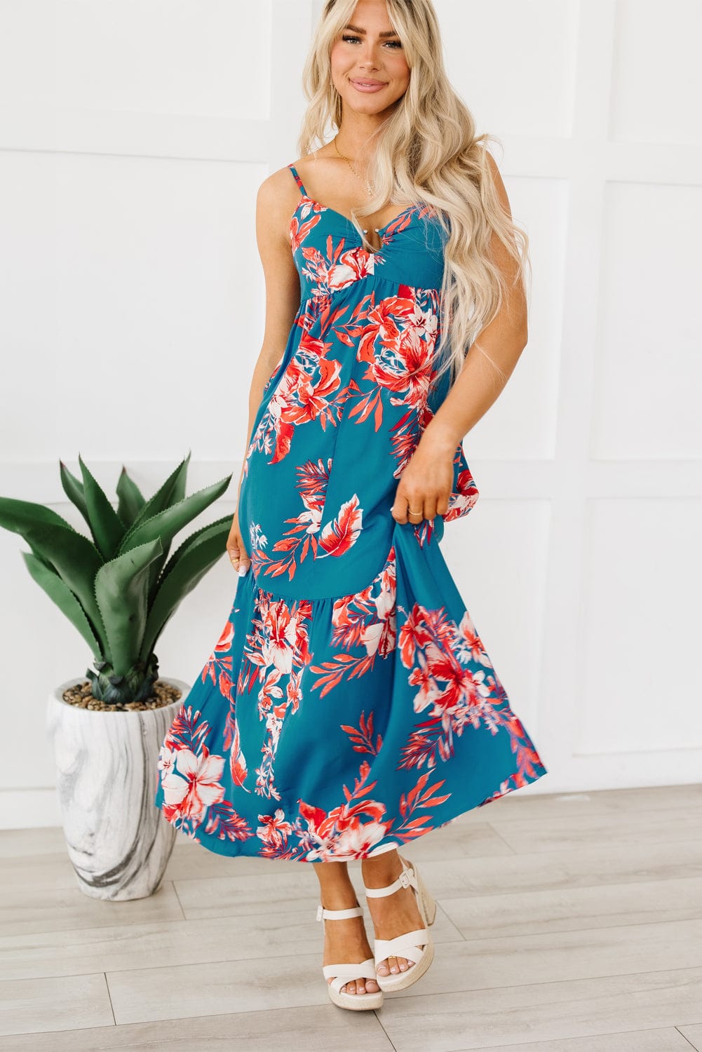 Blue Floral Print Strappy Backless Maxi Dress