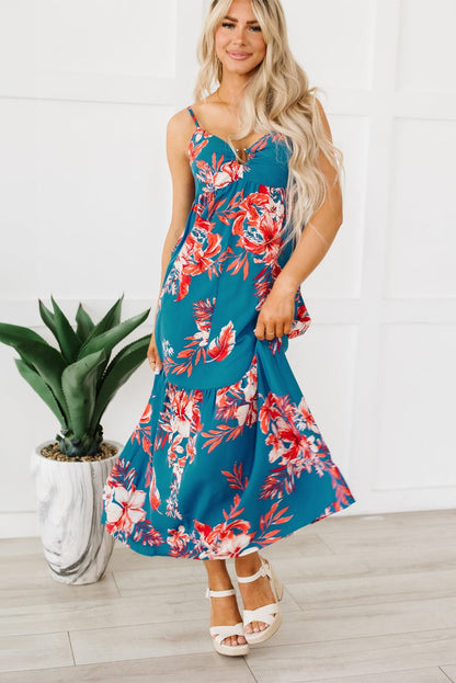 Blue Floral Print Strappy Backless Maxi Dress