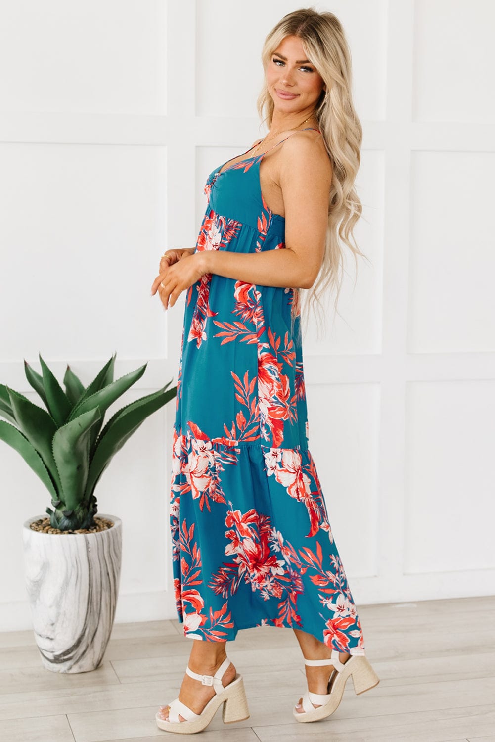 Blue Floral Print Strappy Backless Maxi Dress