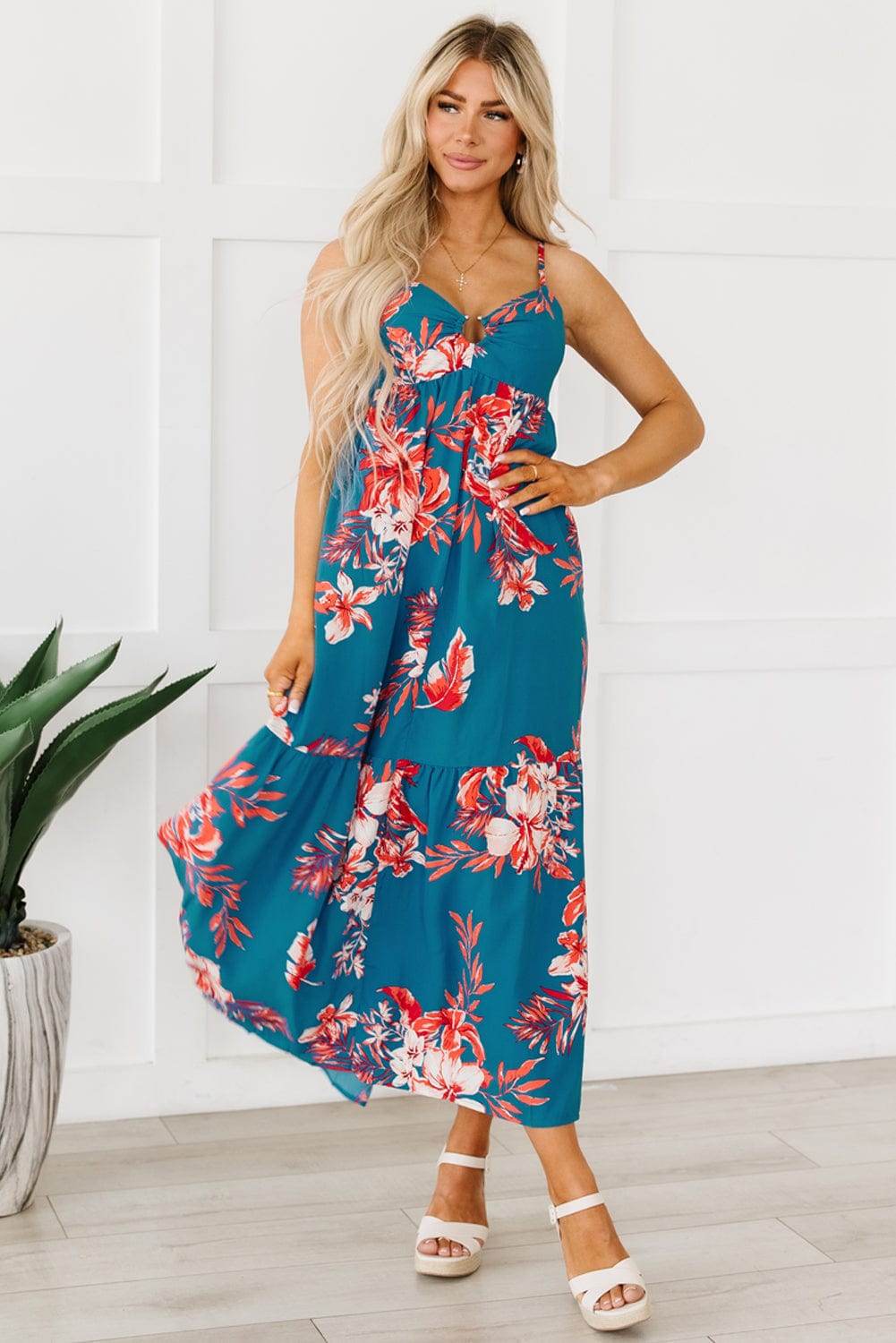 Blue Floral Print Strappy Backless Maxi Dress