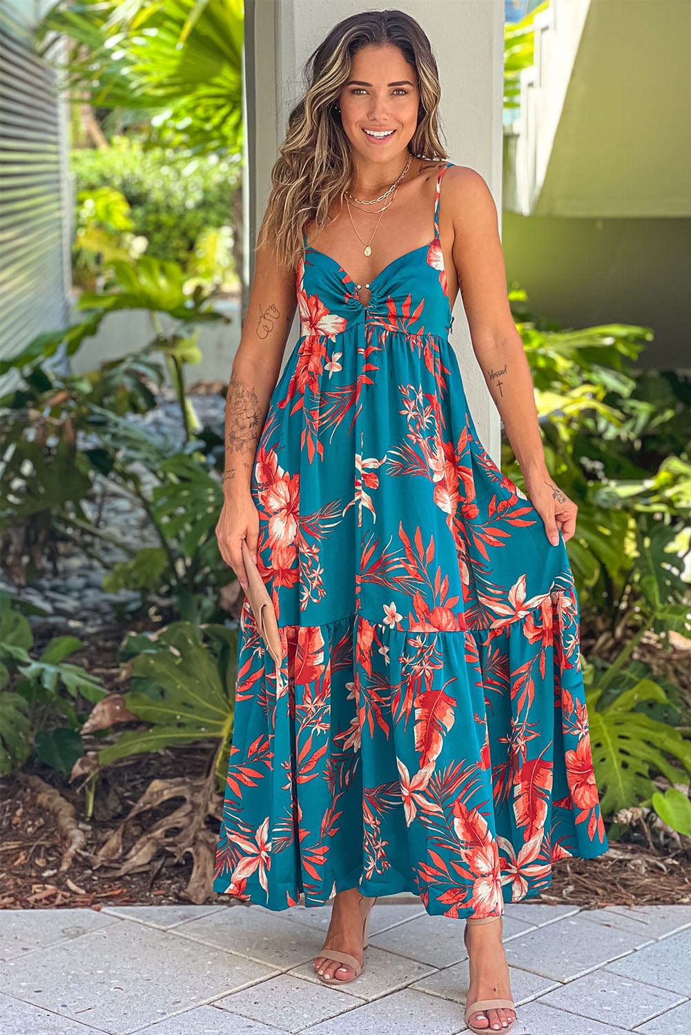 Blue Floral Print Strappy Backless Maxi Dress