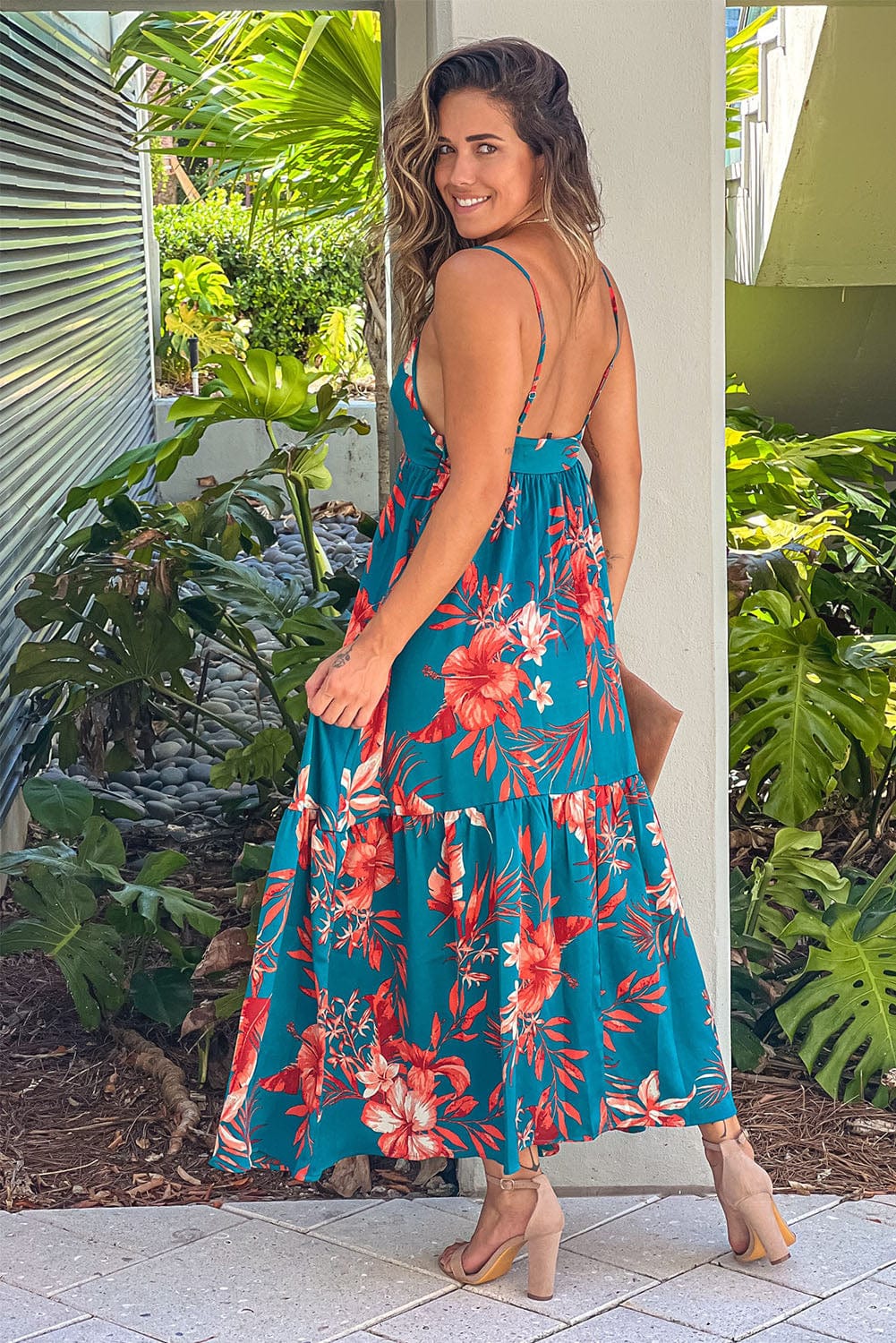 Blue Floral Print Strappy Backless Maxi Dress