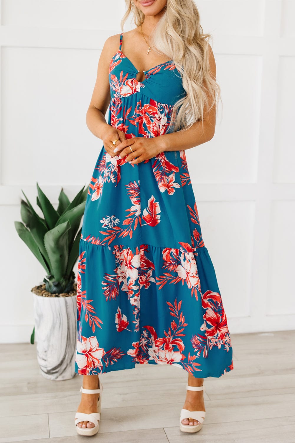 Blue Floral Print Strappy Backless Maxi Dress