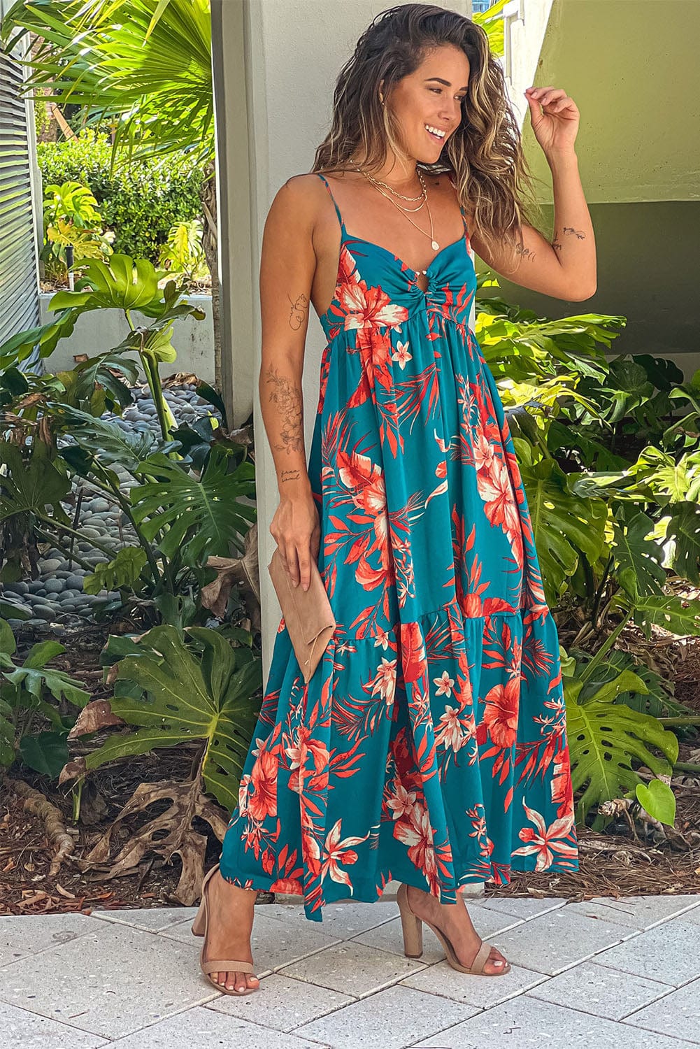 Blue Floral Print Strappy Backless Maxi Dress