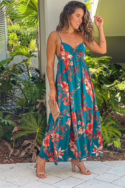 Blue Floral Print Strappy Backless Maxi Dress