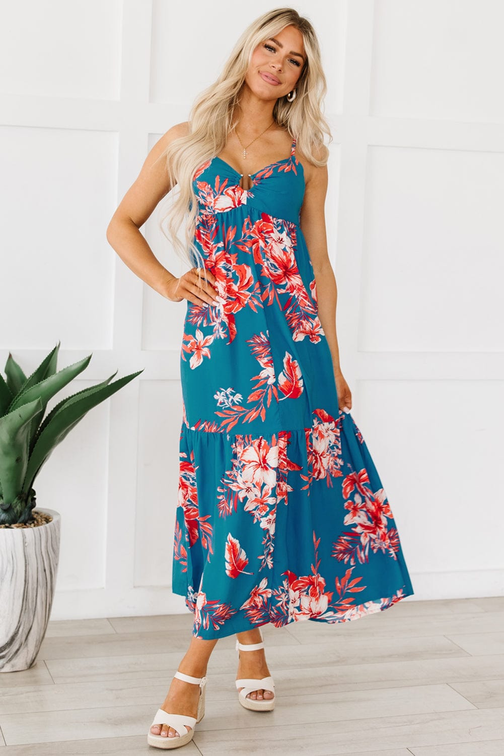 Blue Floral Print Strappy Backless Maxi Dress