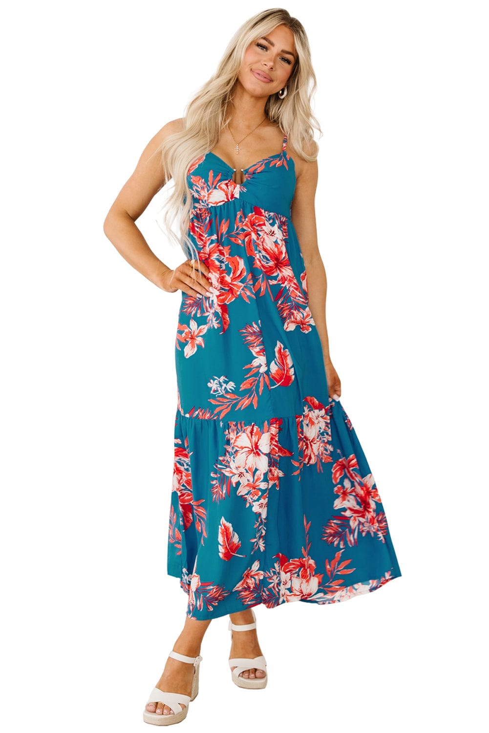 Blue Floral Print Strappy Backless Maxi Dress