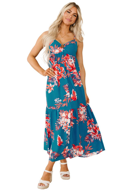 Blue Floral Print Strappy Backless Maxi Dress