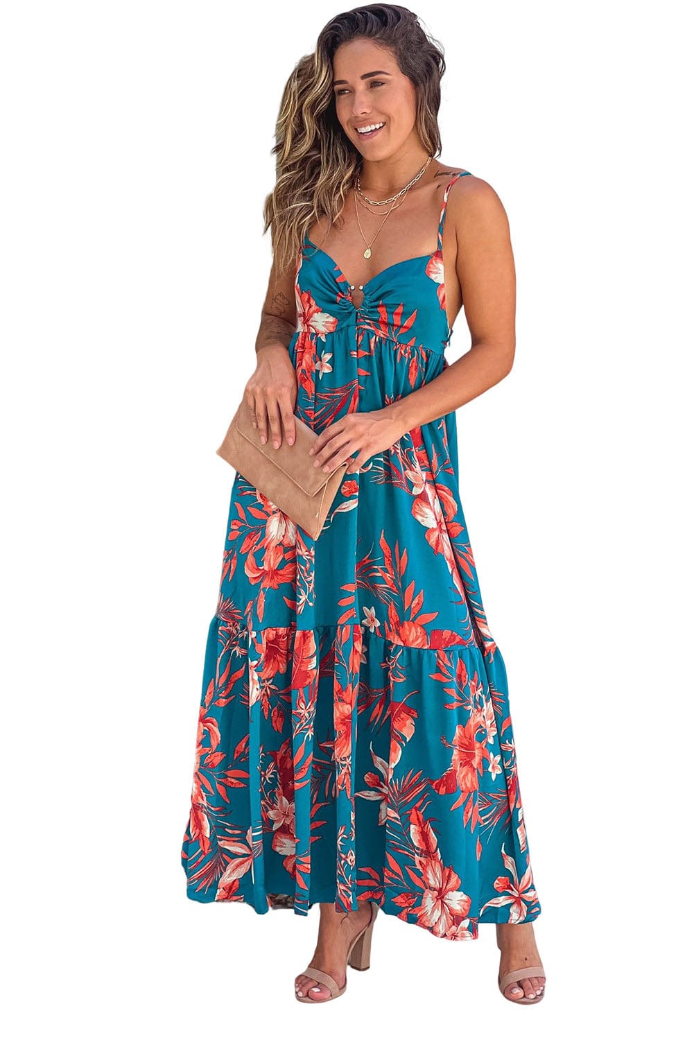 Blue Floral Print Strappy Backless Maxi Dress