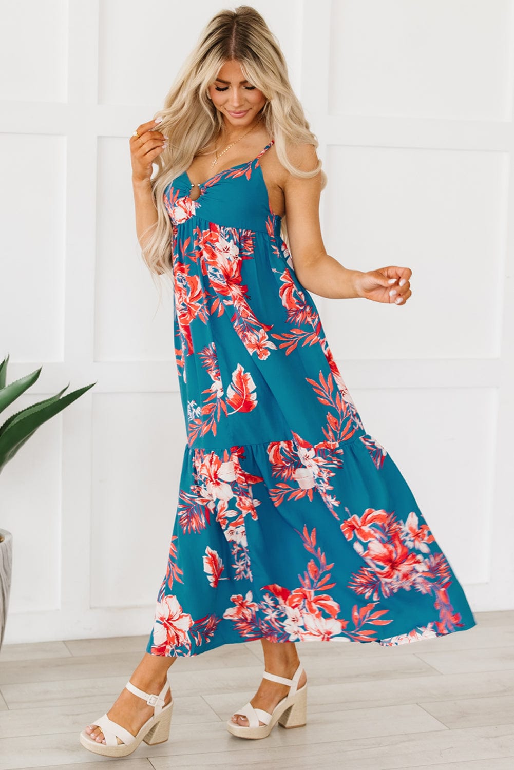 Blue Floral Print Strappy Backless Maxi Dress
