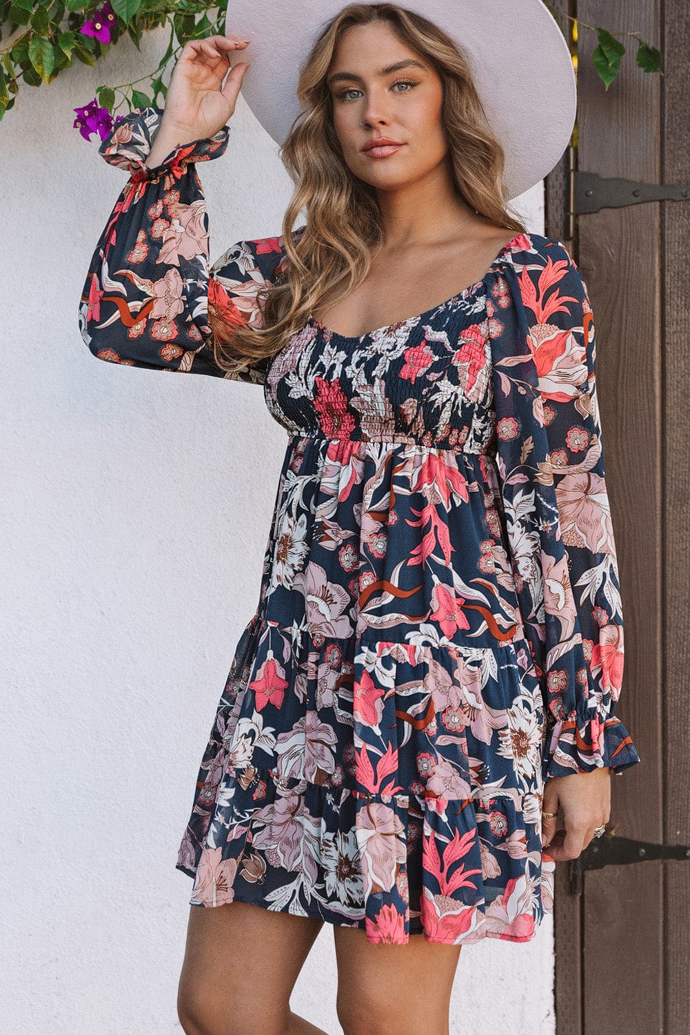 Blue Floral Puff Sleeve Tiered Mini Dress with V-Neck