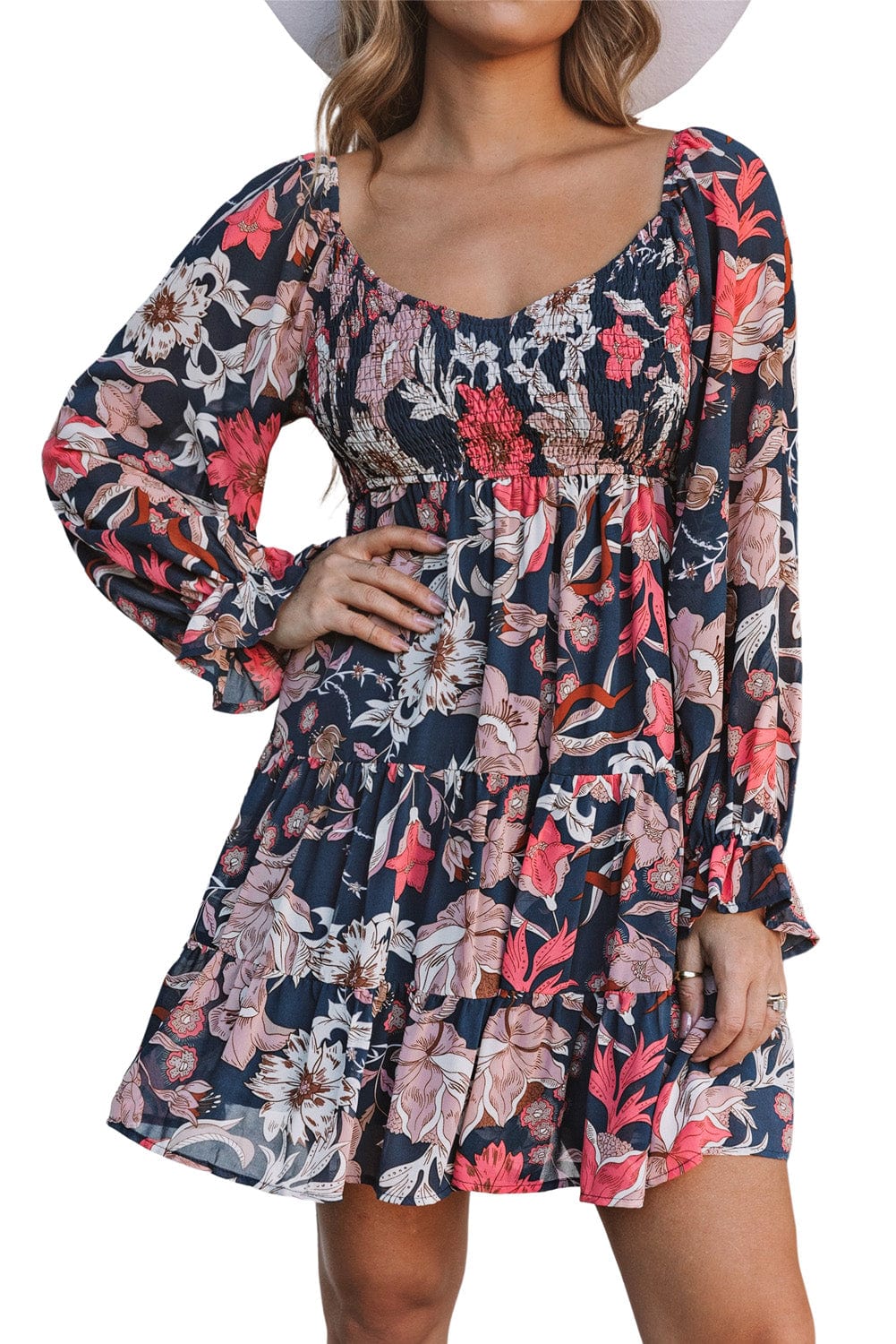 Blue Floral Puff Sleeve Tiered Mini Dress with V-Neck