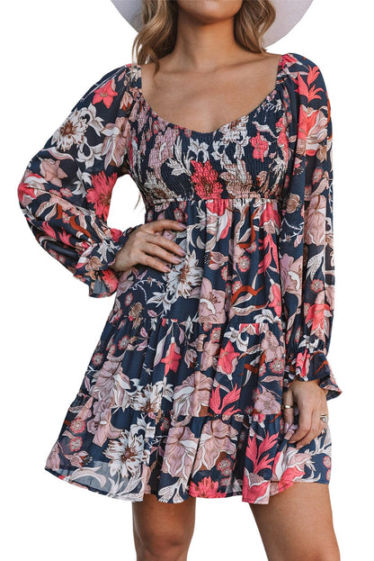 Blue Floral Puff Sleeve Tiered Mini Dress with V-Neck