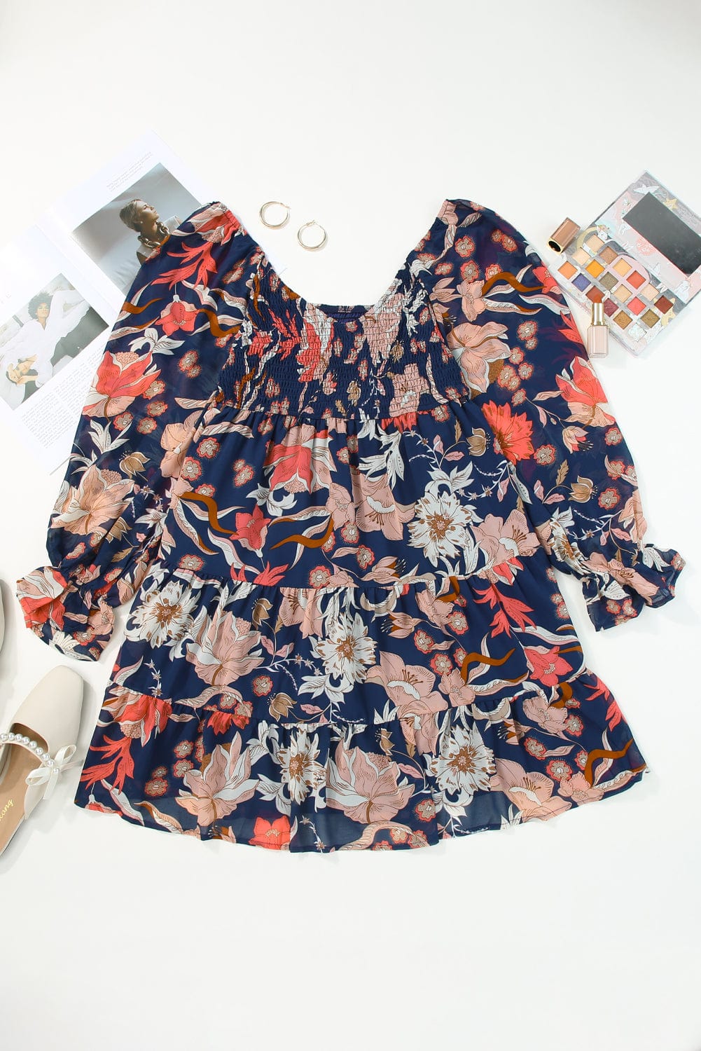 Blue Floral Puff Sleeve Tiered Mini Dress with V-Neck