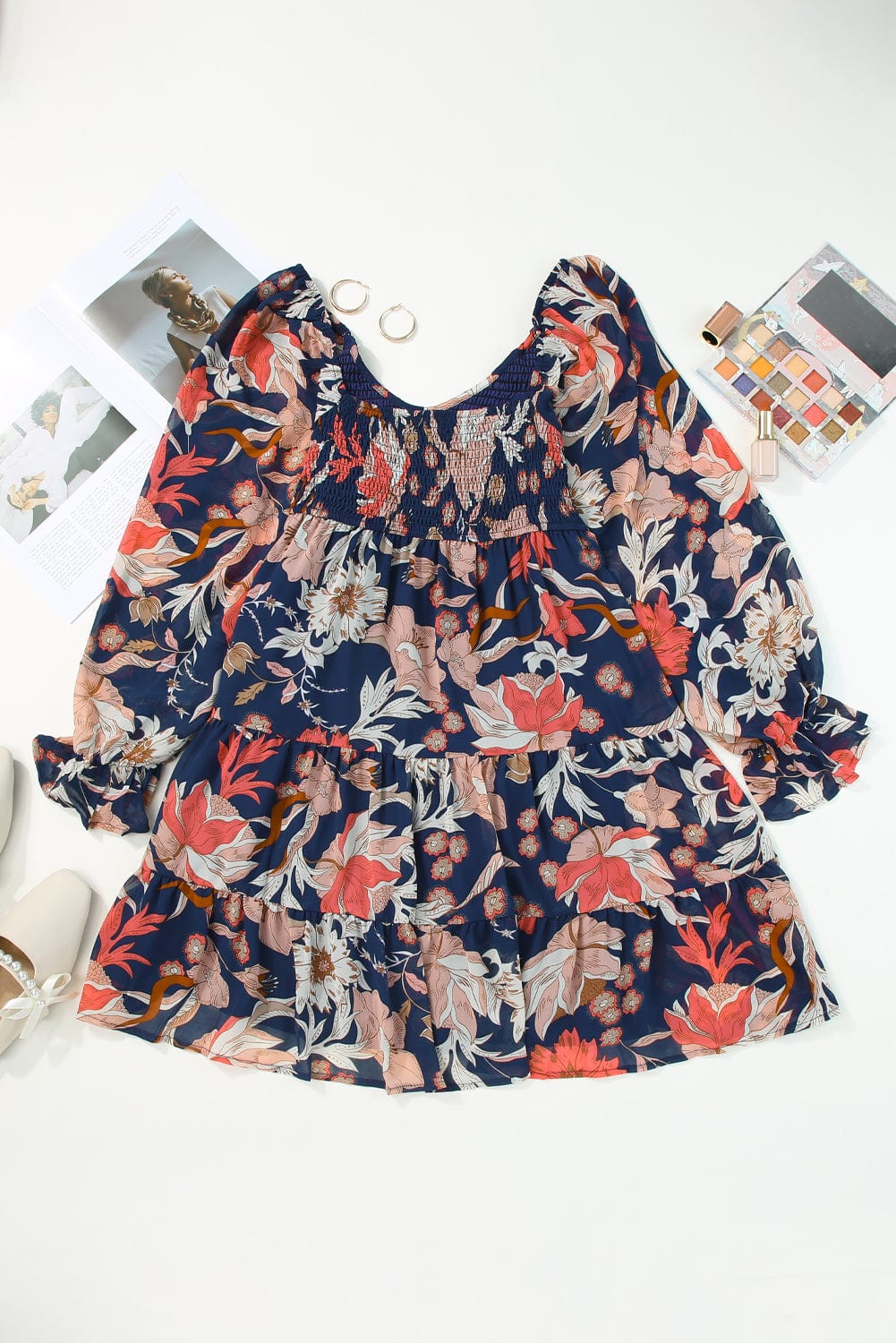 Blue Floral Puff Sleeve Tiered Mini Dress with V-Neck