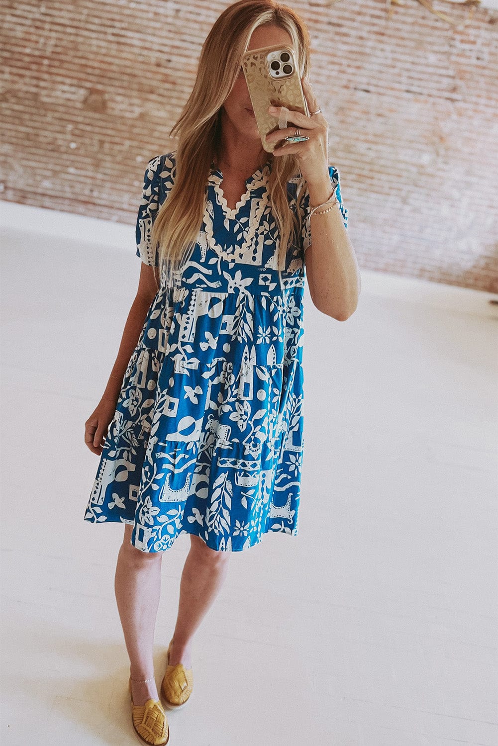 Blue Floral Ricrac Trim V-Neck Shift Dress