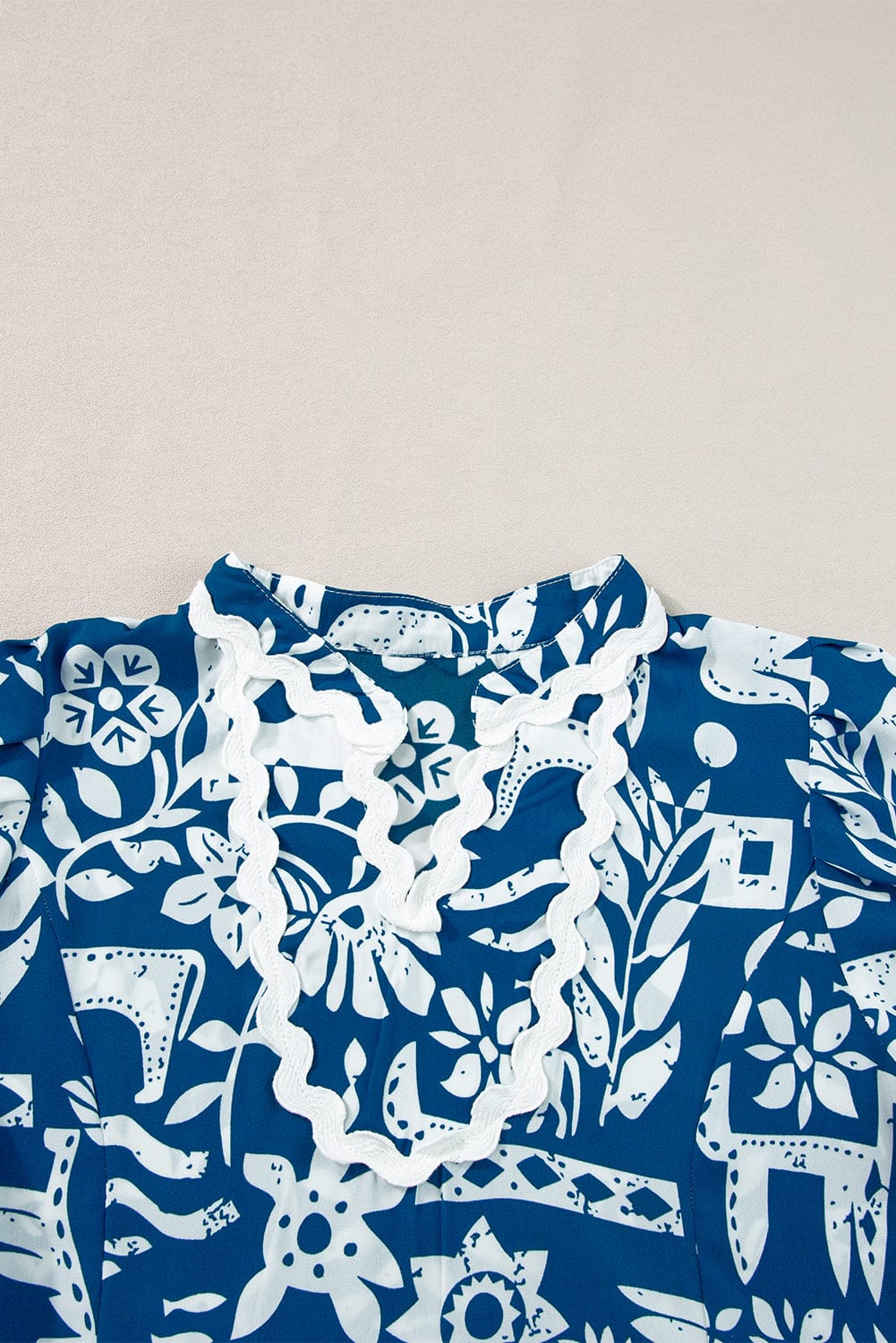 Blue Floral Ricrac Trim V-Neck Shift Dress