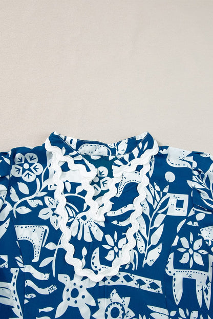 Blue Floral Ricrac Trim V-Neck Shift Dress