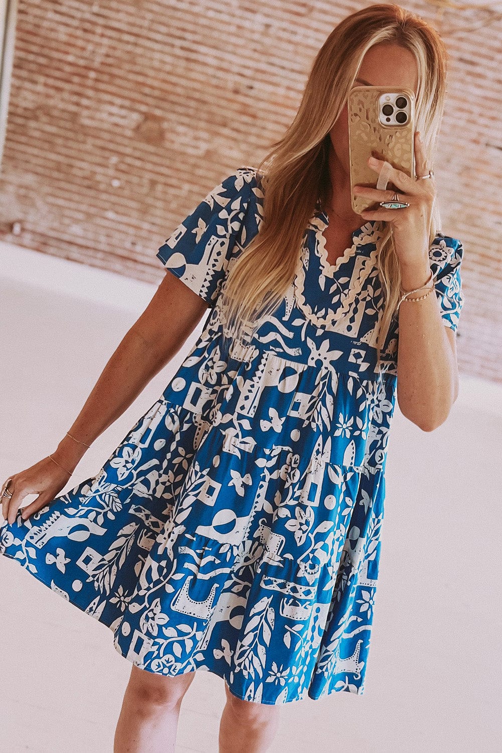 Blue Floral Ricrac Trim V-Neck Shift Dress