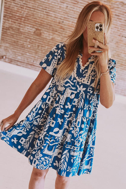 Blue Floral Ricrac Trim V-Neck Shift Dress