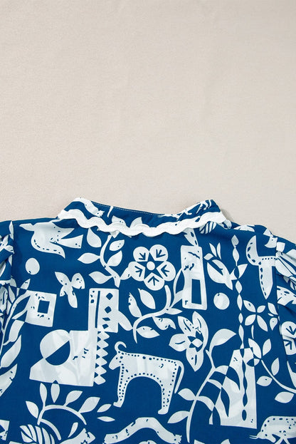 Blue Floral Ricrac Trim V-Neck Shift Dress