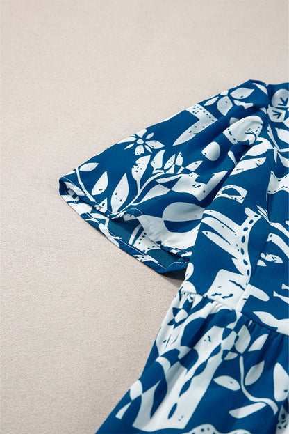 Blue Floral Ricrac Trim V-Neck Shift Dress