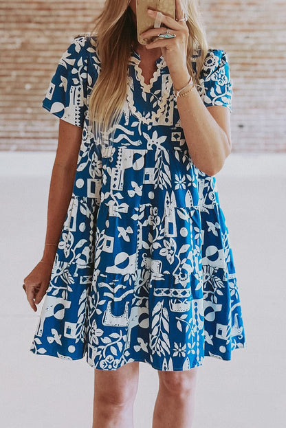 Blue Floral Ricrac Trim V-Neck Shift Dress