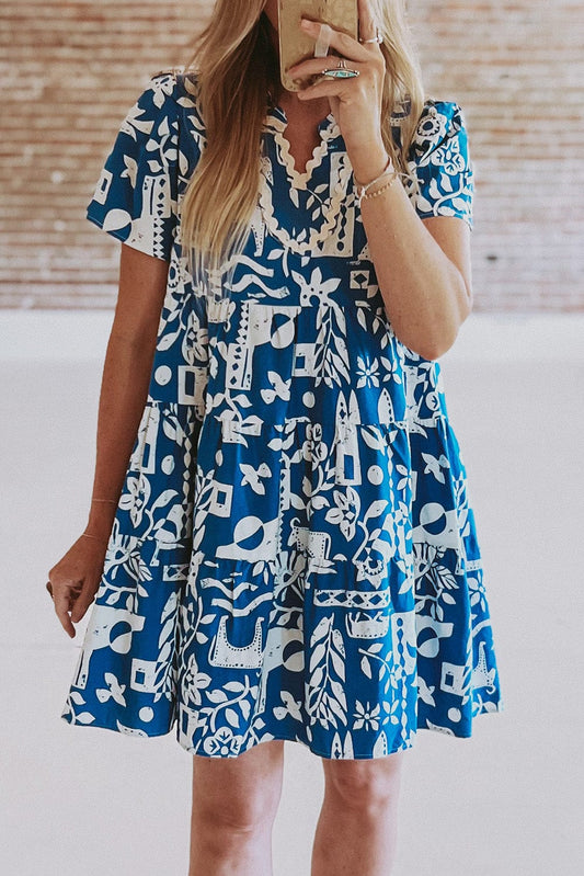 Blue Floral Ricrac Trim V-Neck Shift Dress