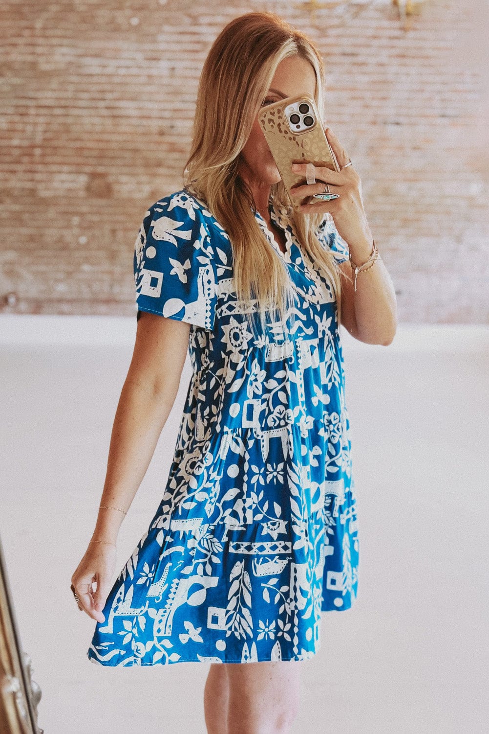 Blue Floral Ricrac Trim V-Neck Shift Dress