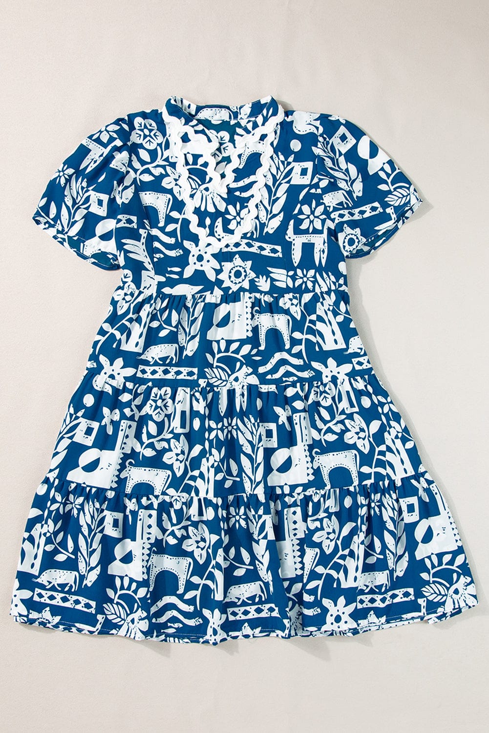 Blue Floral Ricrac Trim V-Neck Shift Dress