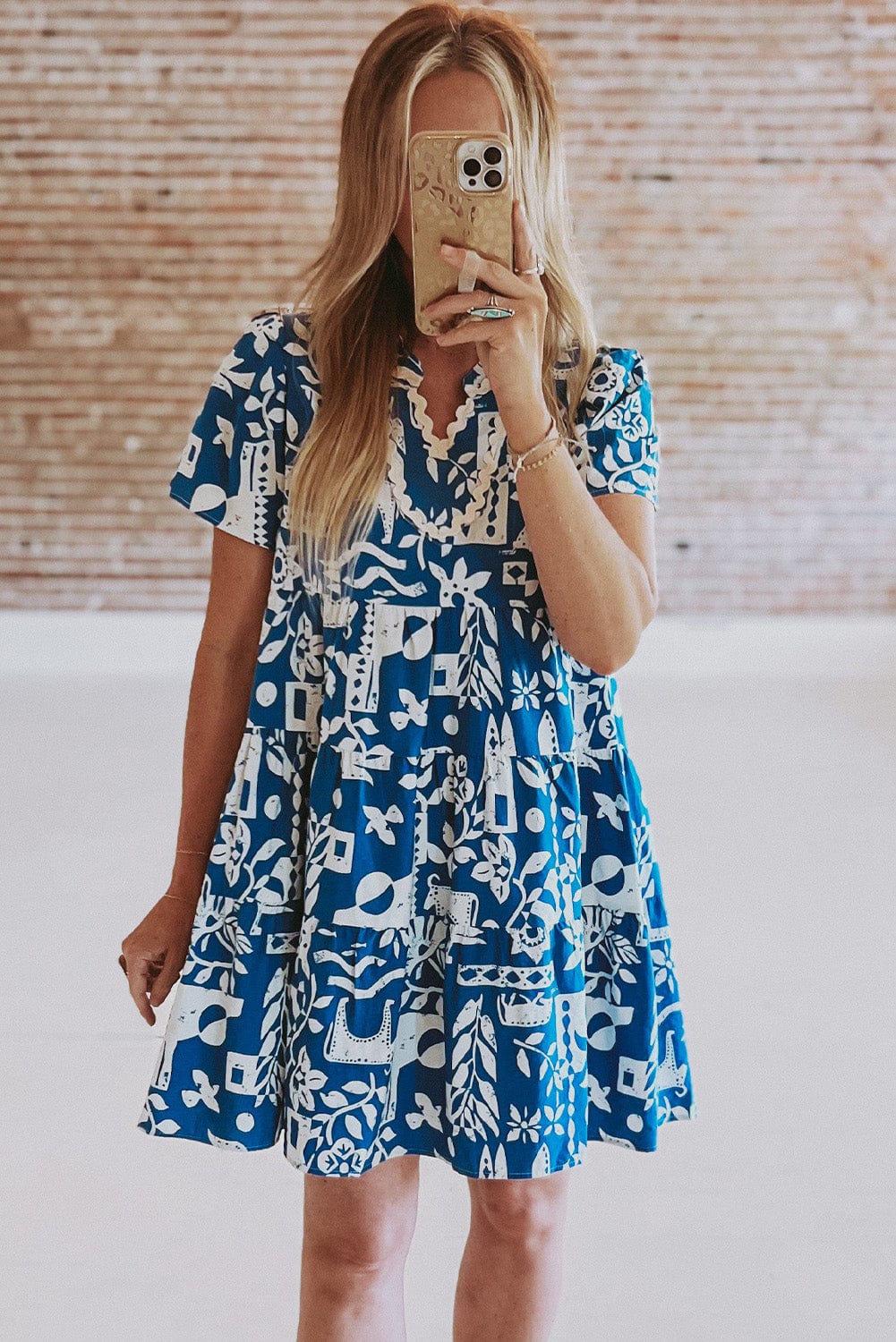 Blue Floral Ricrac Trim V-Neck Shift Dress