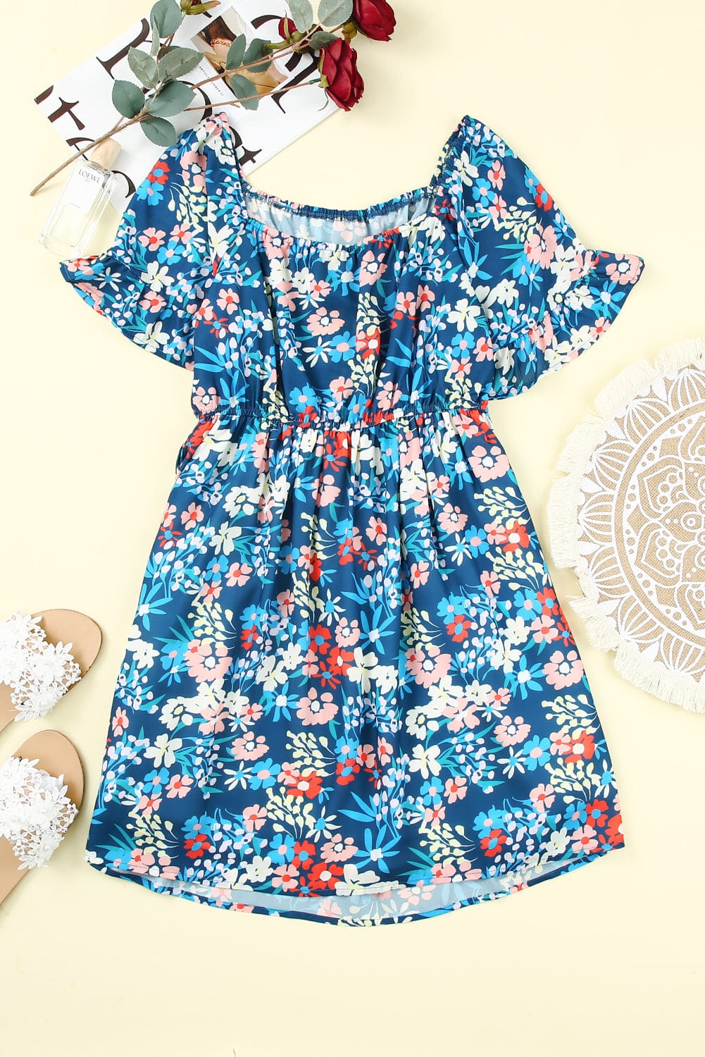 Blue Floral Ruffle Mini Dress with Square Neck