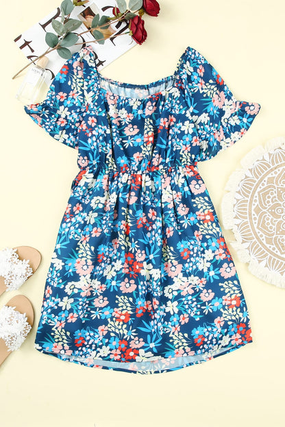 Blue Floral Ruffle Mini Dress with Square Neck