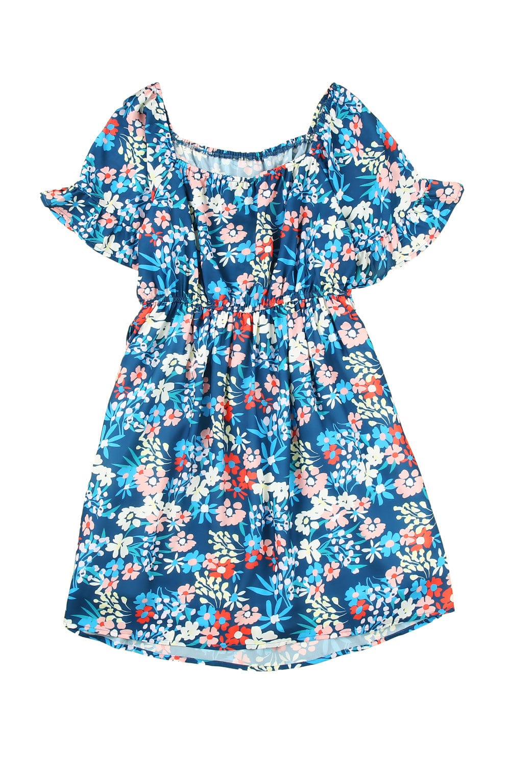 Blue Floral Ruffle Mini Dress with Square Neck