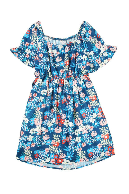 Blue Floral Ruffle Mini Dress with Square Neck