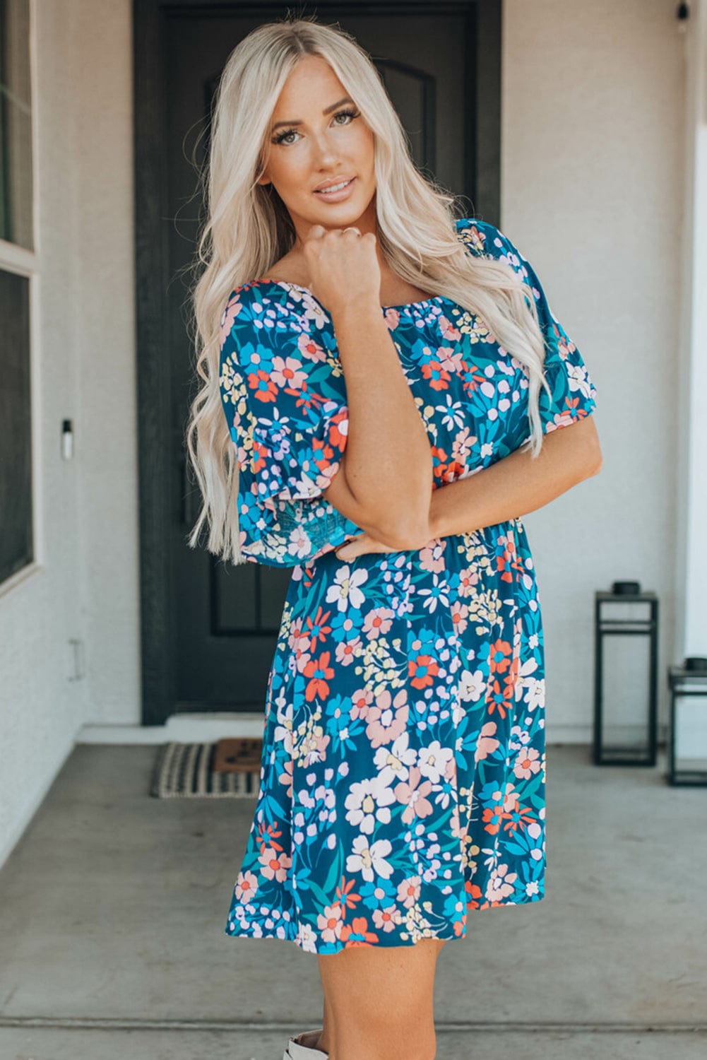 Blue Floral Ruffle Mini Dress with Square Neck