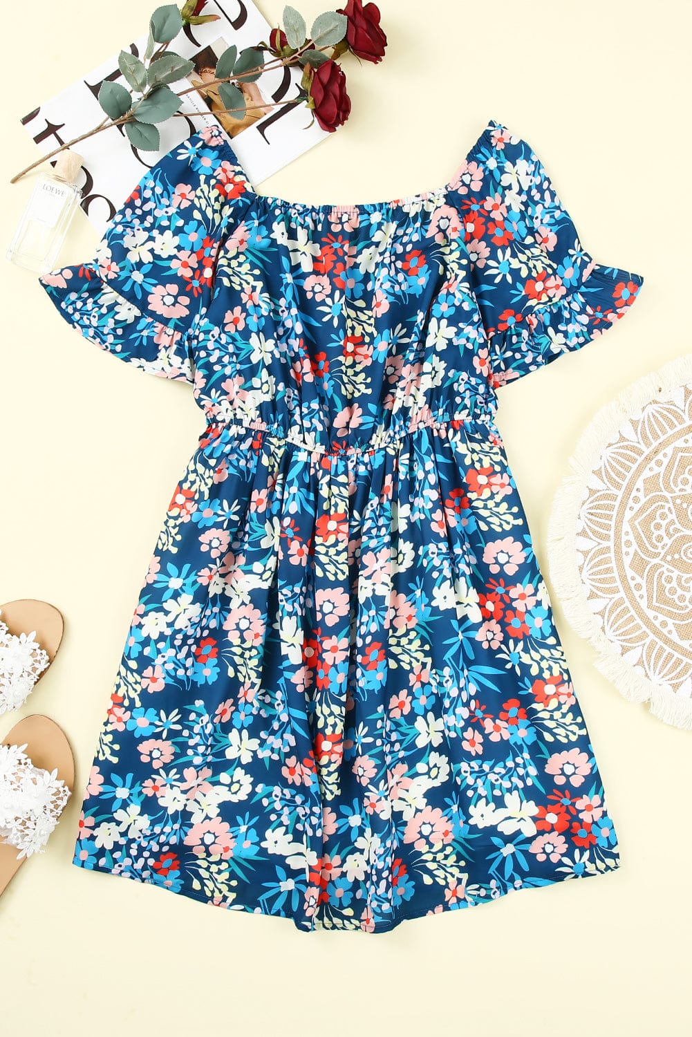 Blue Floral Ruffle Mini Dress with Square Neck
