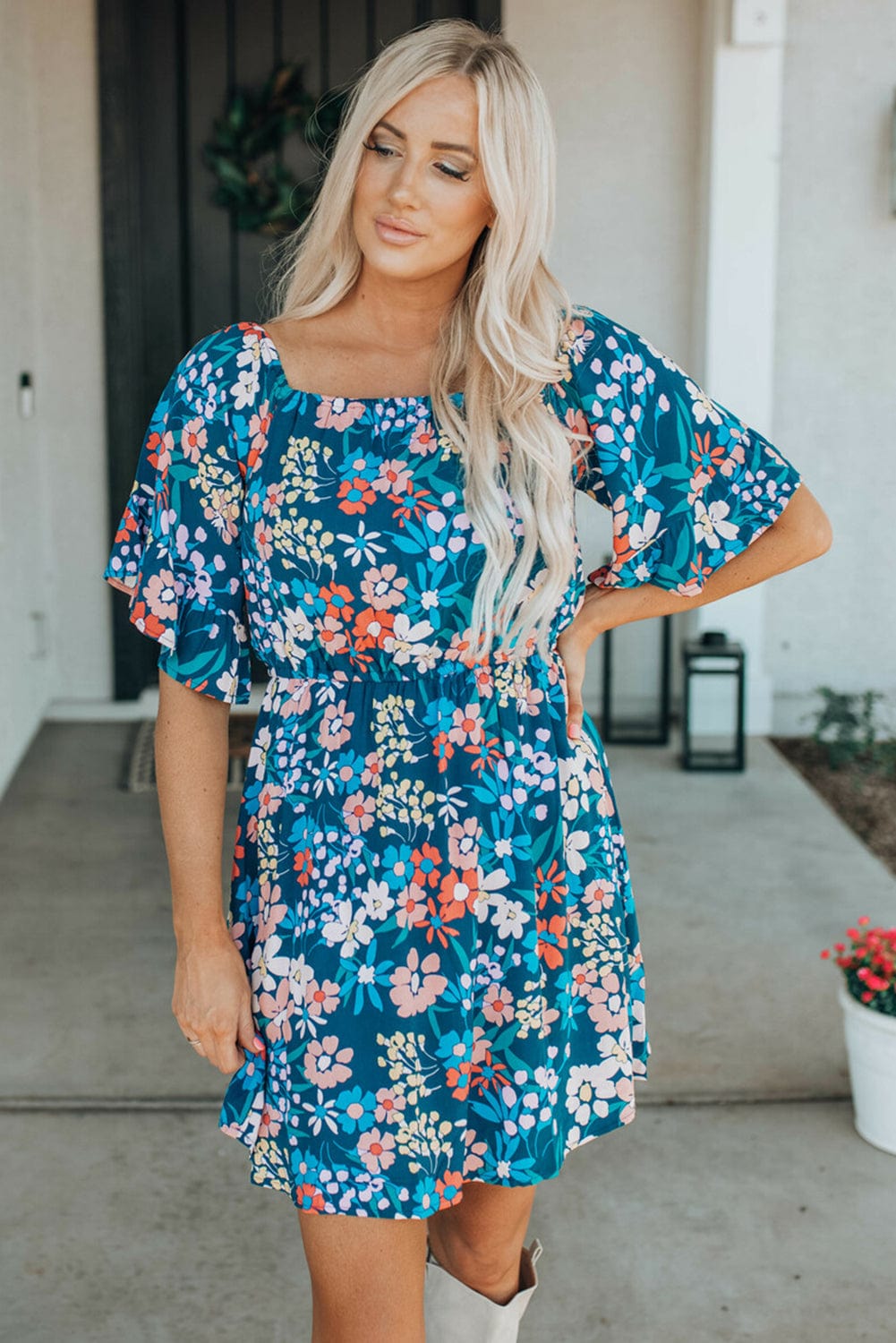 Blue Floral Ruffle Mini Dress with Square Neck