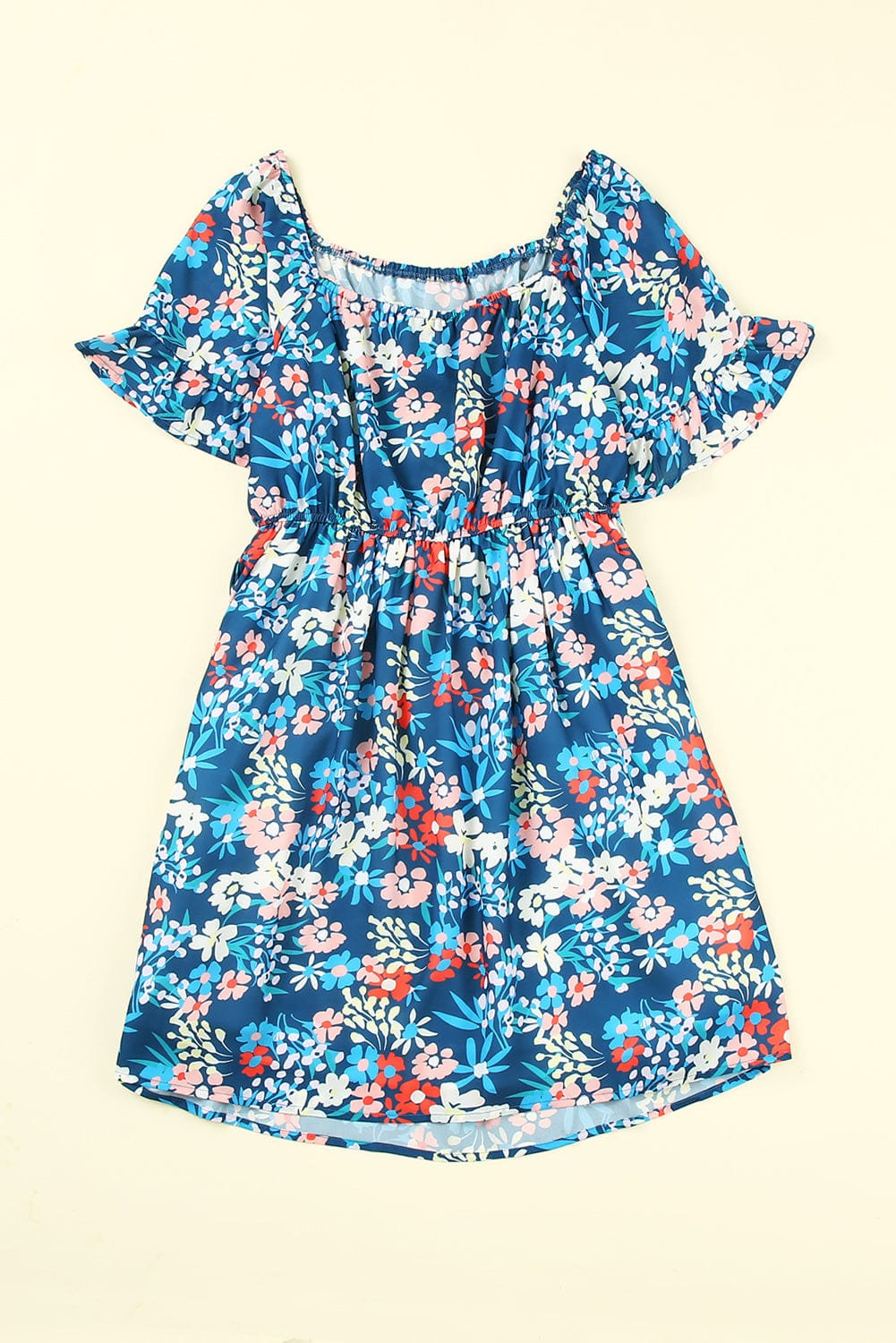 Blue Floral Ruffle Mini Dress with Square Neck