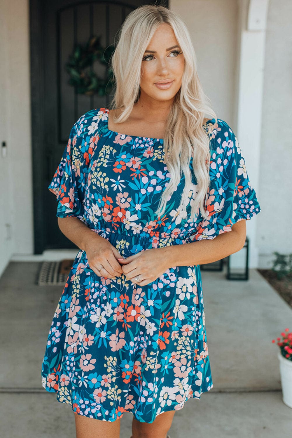 Blue Floral Ruffle Mini Dress with Square Neck