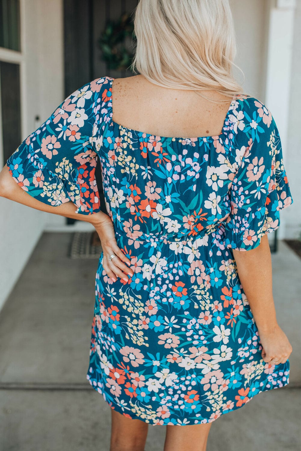 Blue Floral Ruffle Mini Dress with Square Neck